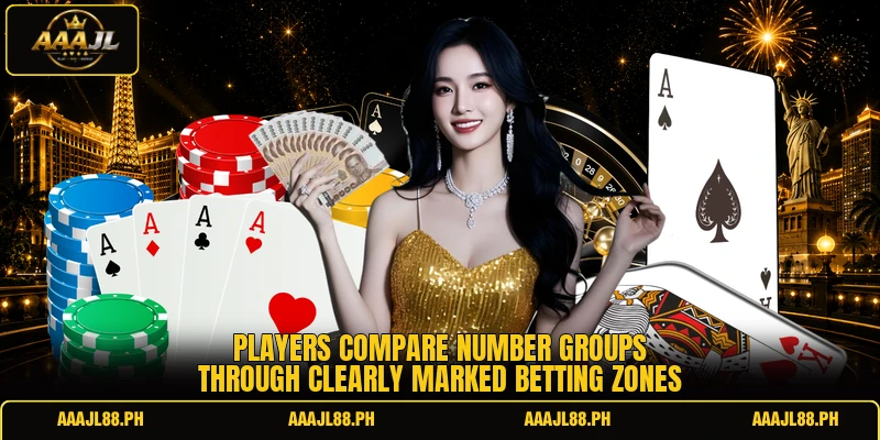 Players compare number groups through clearly marked betting zones